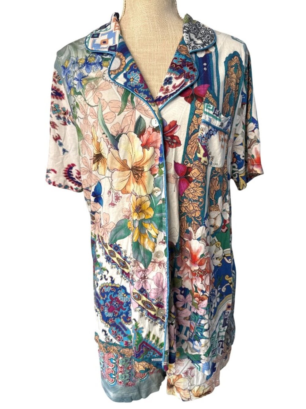 JOHNNY WAS Vibrant Style Boho Floral Patchwork Button Down Shirt Dress M